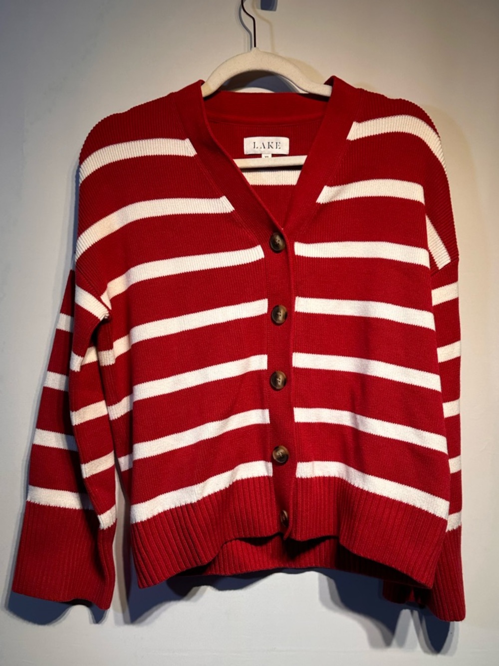LAKE Red & White Striped V-Neck Button Cardigan